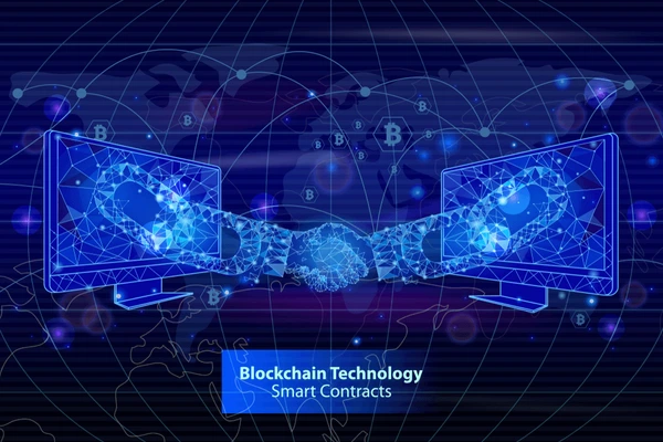 The image of shaking hands symbolizes the presence of collaboration through blockchain technology's smart contracts.