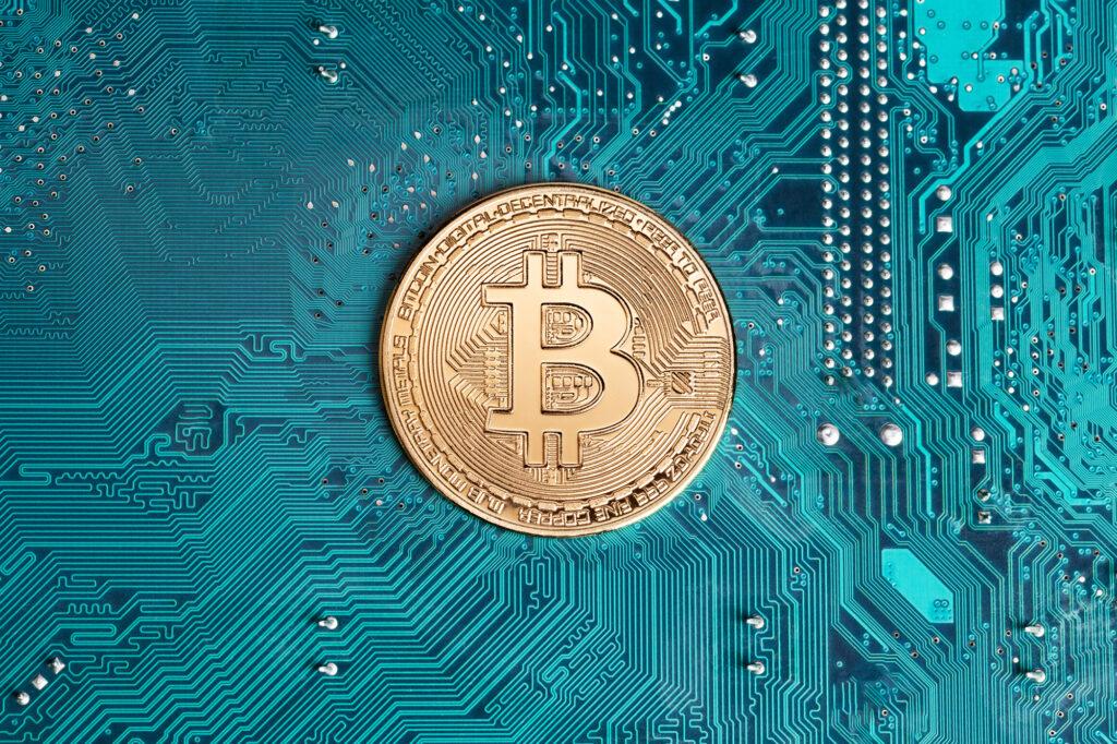 Images about golden bitcoin on circuit board