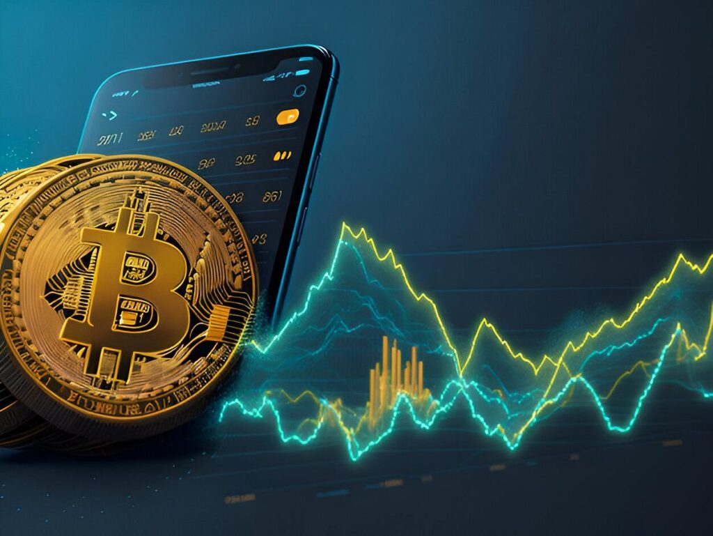 Image about cryptocurrencies in front of a smart phone with the volatility of it